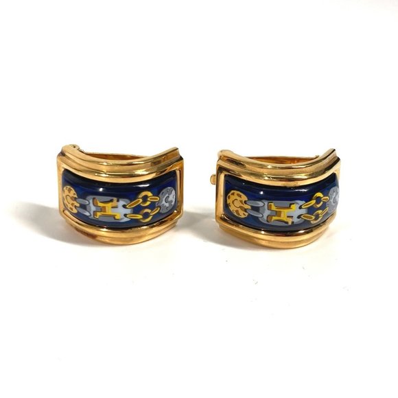 HERMES H Pattern Cloisonne Enamel Earrings GP Women's Gold and Blue